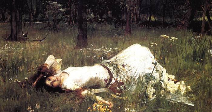 Painting of a woman lying in a field of wildflowers. 