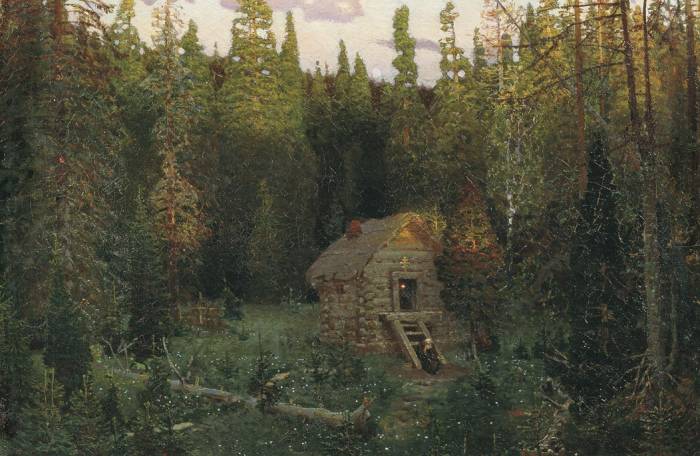 Painting of cabin in forest with hermit on steps.