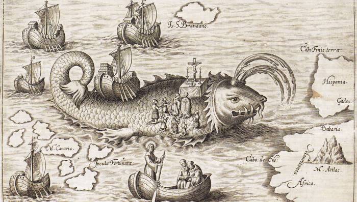 Medieval illustration of sea monster and ship in the ocean.