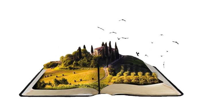 An open book with Tuscan villa popping out of it