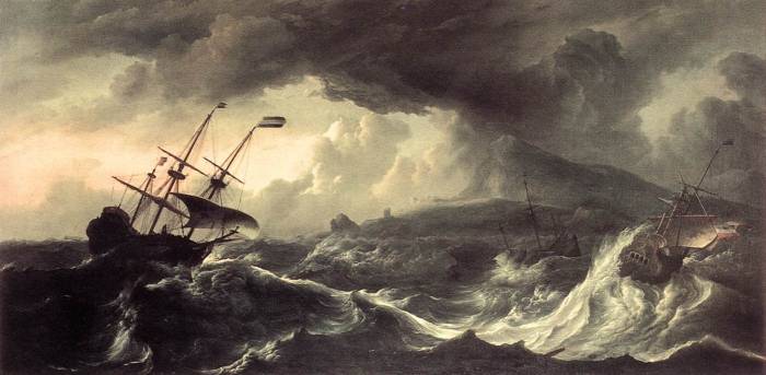 Painting of ships in stormy sea