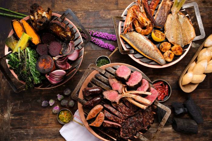 aerial view of three dishes at los fuegos