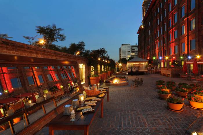 outdoor patio with multicolored lights
