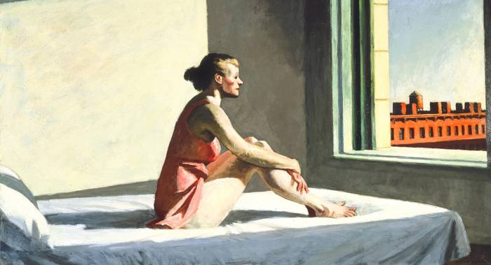 painting of a woman sitting on a bed looking out an window