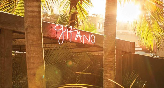 red neon light reads "Gitano" on bulkhead between two palm tree trunks