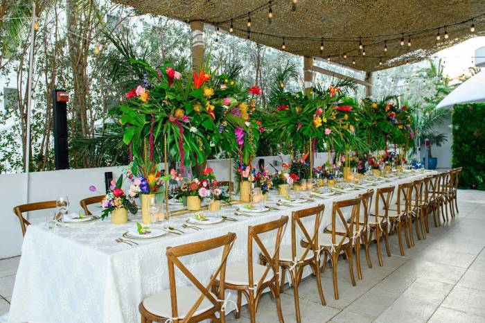 Dining area under burlap canopy