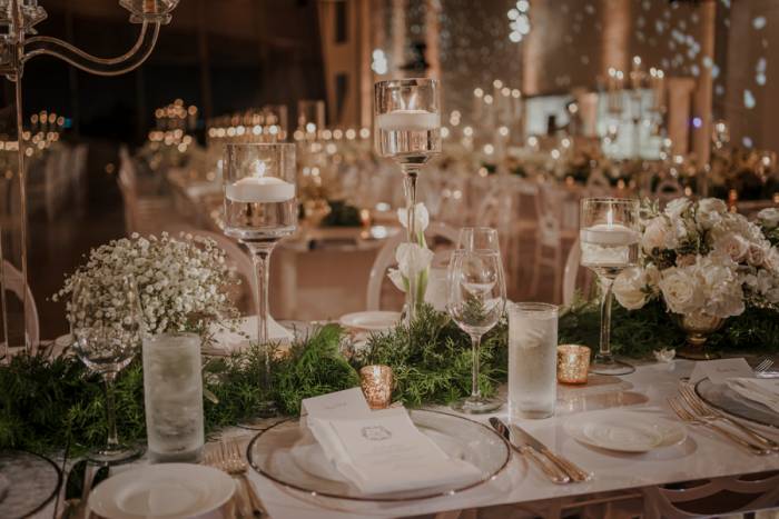 interior of wedding venue showing dinner seating and placements