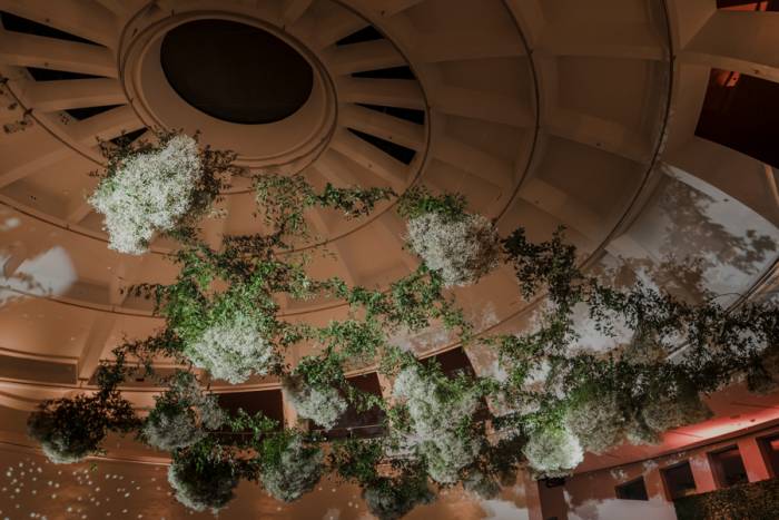 floral arrangements hanging from ceiling in Faena Forum