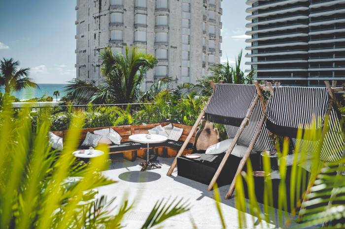 rooftop seating area with greenery framing space