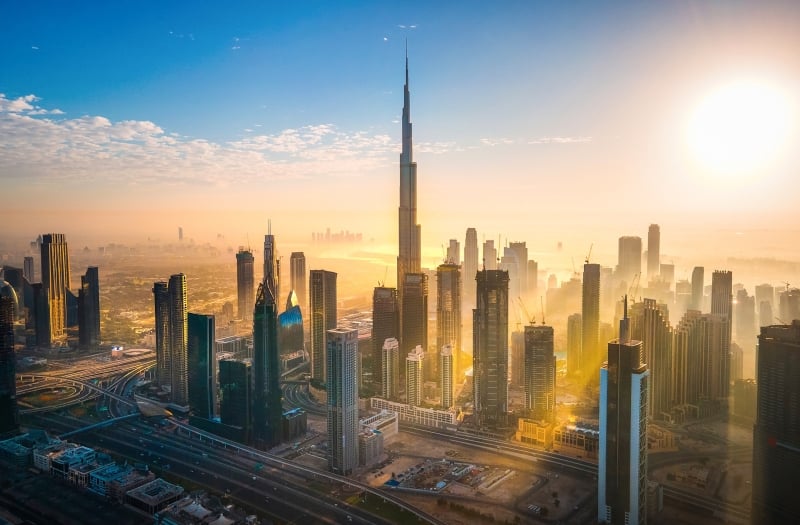 Dubai Skyline with the sun rising