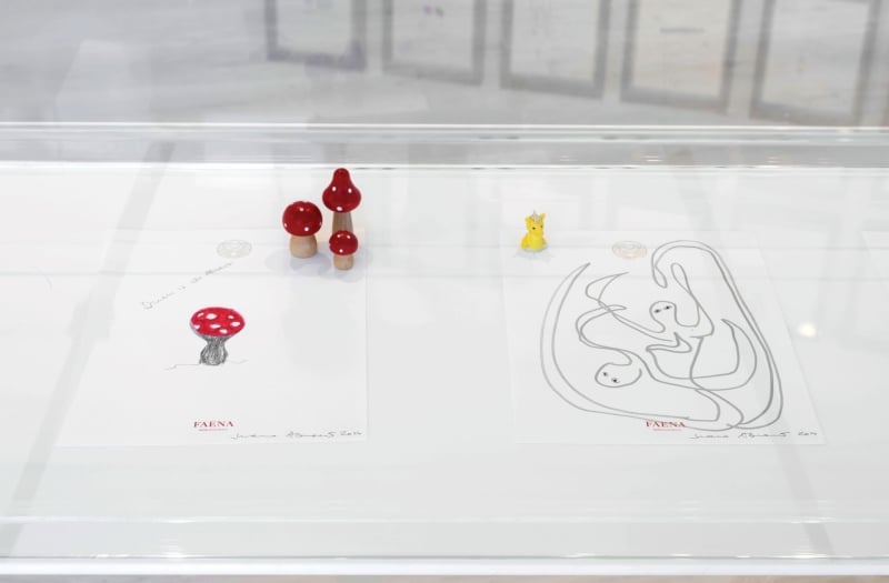 Artwork being displayed in a glass case