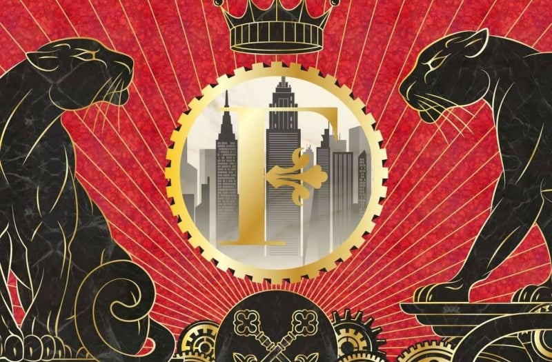 Large black cat mural with red background and New York skyline in a circle