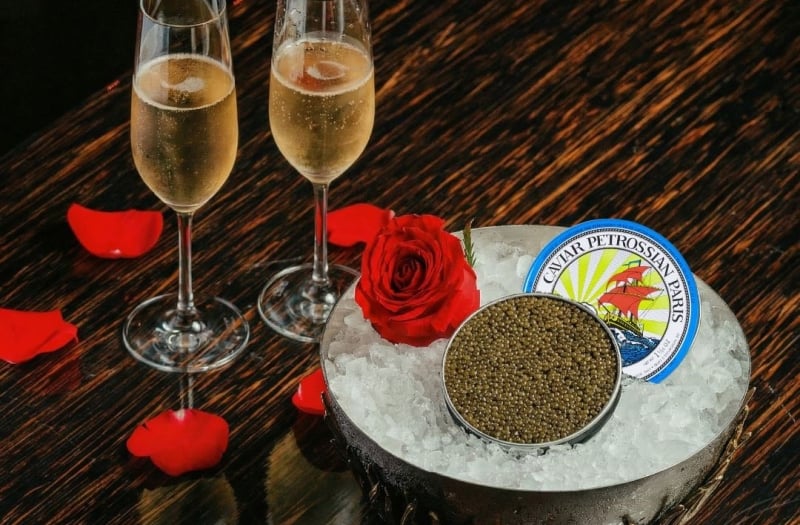 Caviar and Champagne with roses