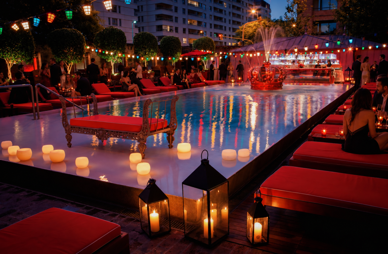 Evening poolside gathering at Faena Buenos Aires, featuring red loungers, candlelit tables, colorful lights, and an illuminated crown fountain.