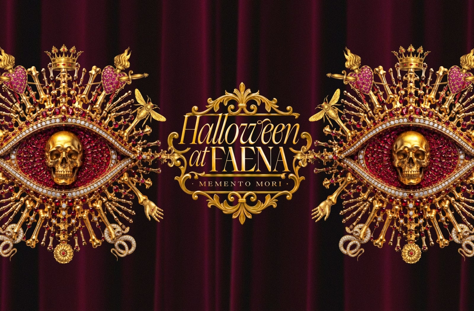 Halloween at Faena Memento Mori header with ornate gold skull-and-eye emblems on a red velvet curtain