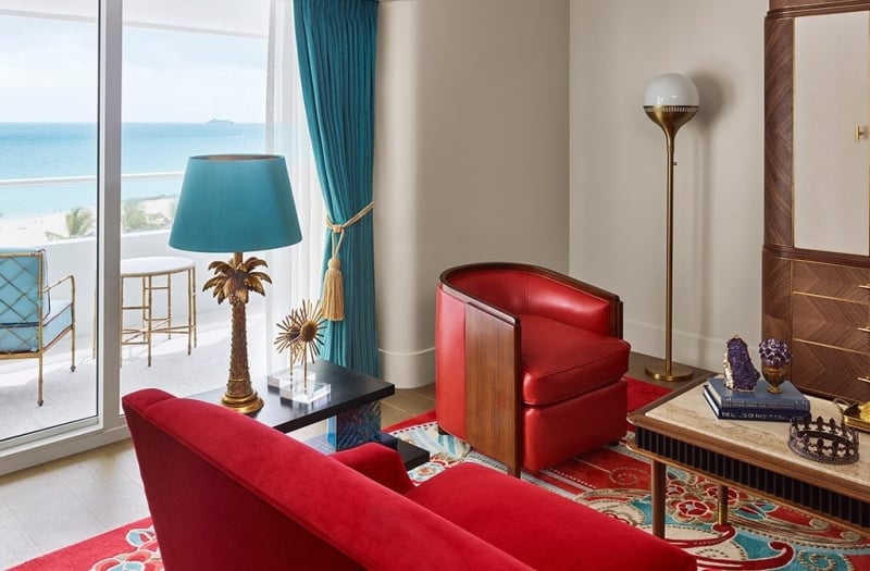 living room in suite at the faena hotel with ocean view
