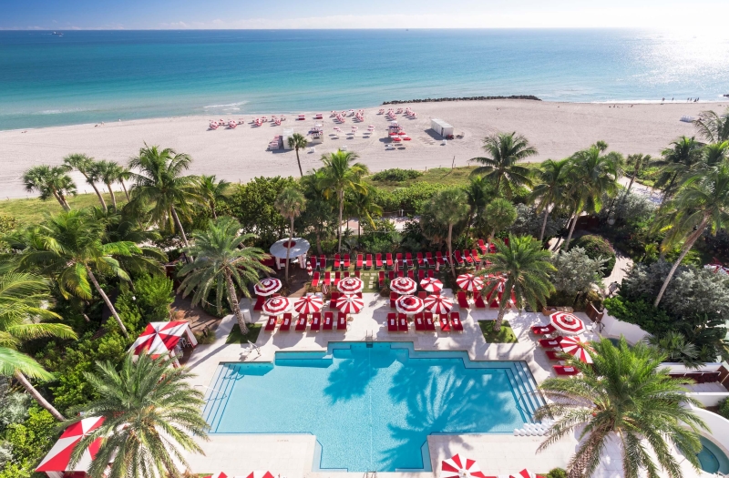 aerial view of pool and beach
