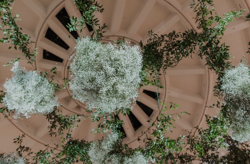 floral arrangements hanging from ceiling in Faena Forum