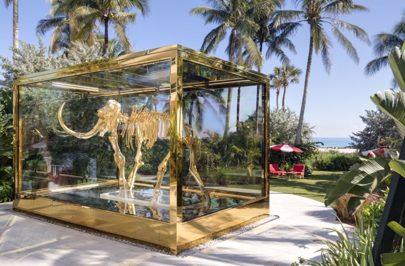 mammoth skeleton inside gold-framed glass case with palm trees and beach in background
