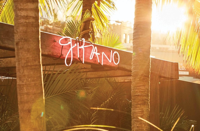 red neon light reads "Gitano" on bulkhead between two palm tree trunks