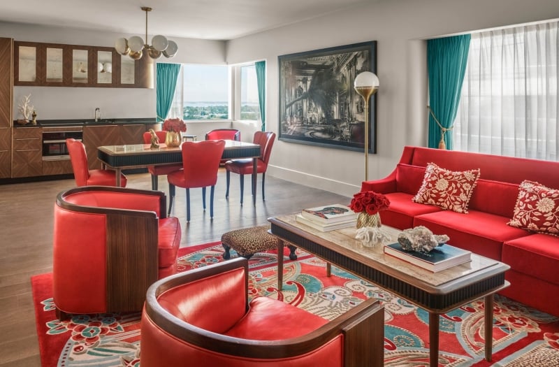 hotel suite seating area and dining table