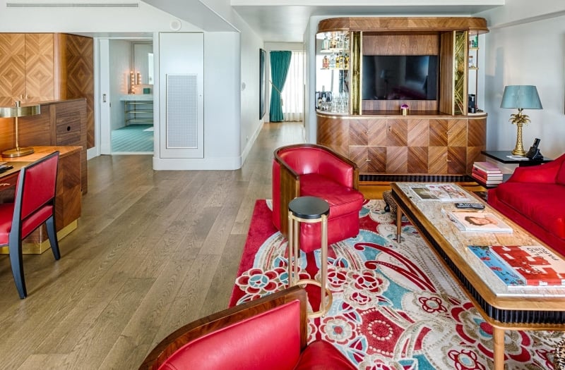 hotel suite living space looking towards the bedroom