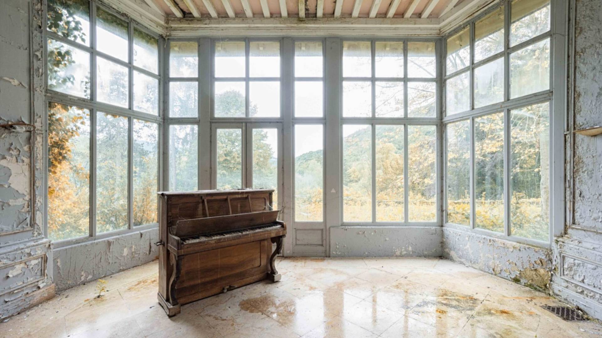 Piano sits in abandoned room in front of windows.