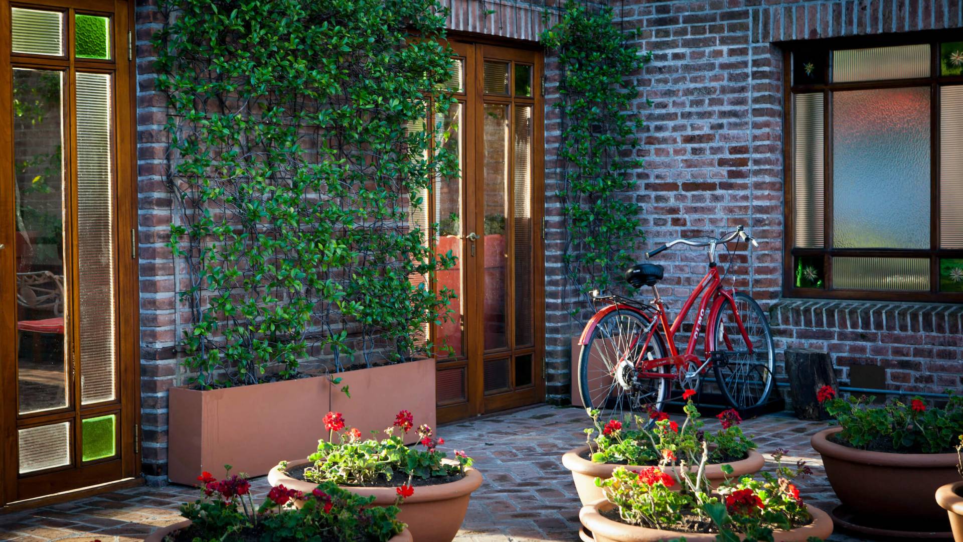 bicycle sits against brick wall exterior of building