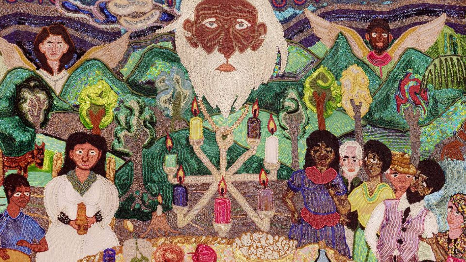 beaded tapestry of people and god-like figured