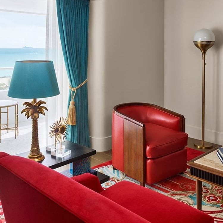 living room in suite at the faena hotel with ocean view