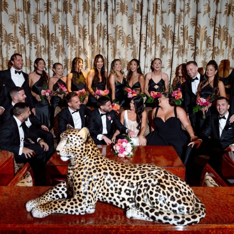 large wedding party laughing