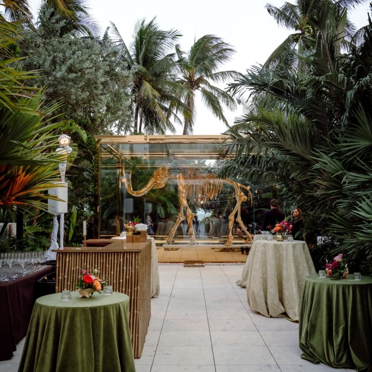Large gold mammoth sculpture in Mammoth Garden prepared for a Wedding reception
