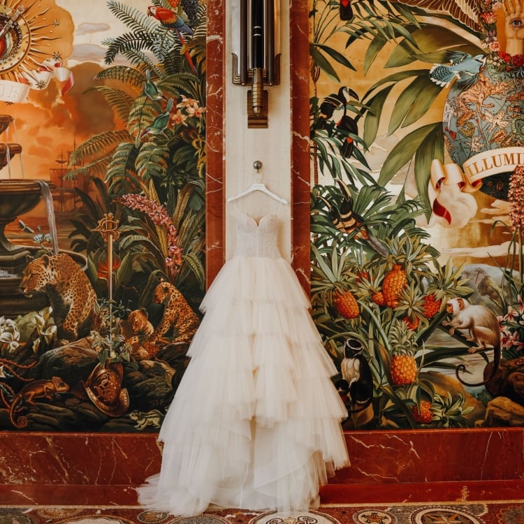 Angie's dress hanging between murals