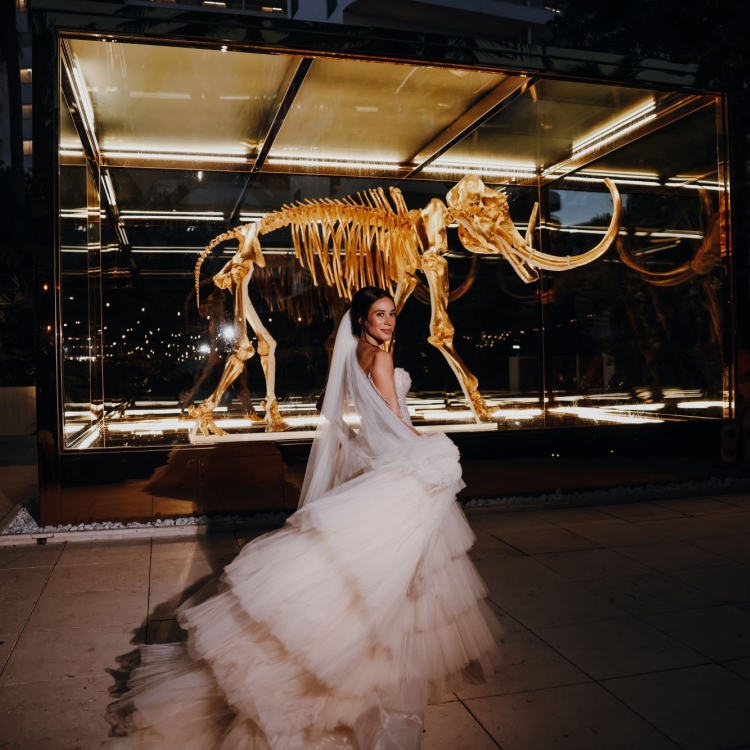 Angie standing in front of the gold mammoth skeleton at night
