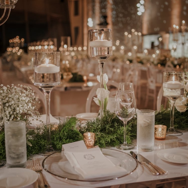 interior of wedding venue showing dinner seating and placements