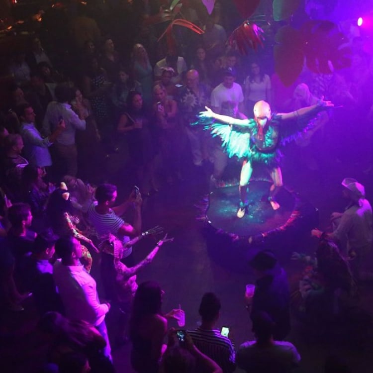 performer in mask is bathed in purple light surrounded by audience