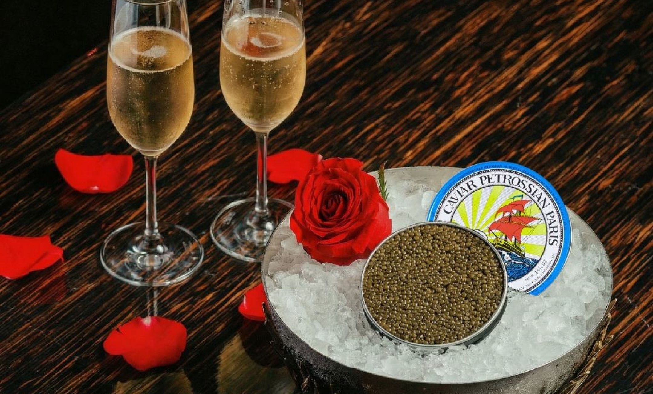 Caviar and Champagne with roses