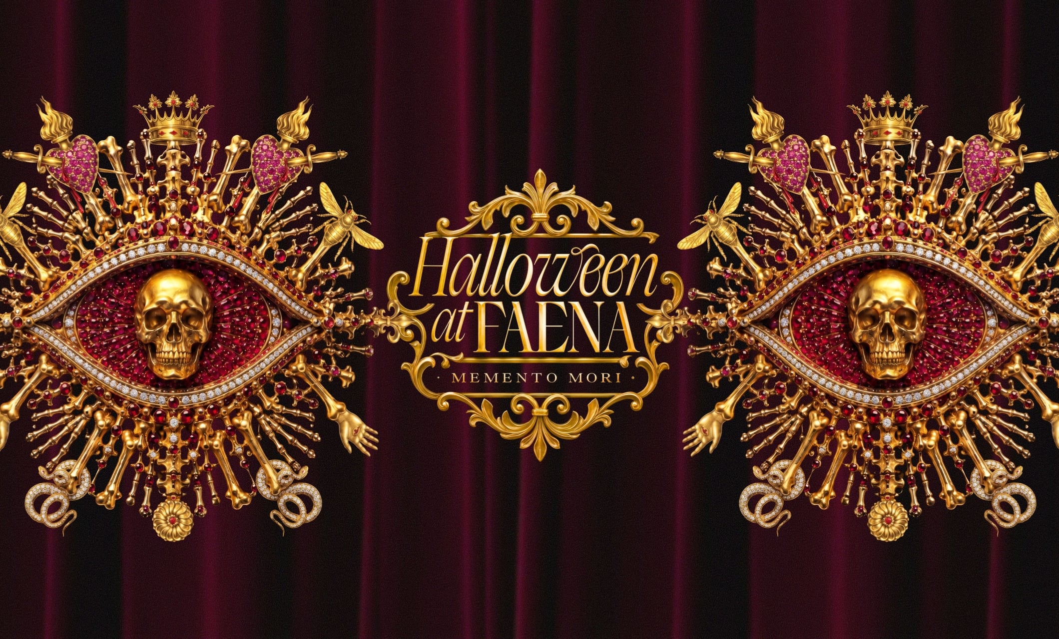 Halloween at Faena Memento Mori header with ornate gold skull-and-eye emblems on a red velvet curtain