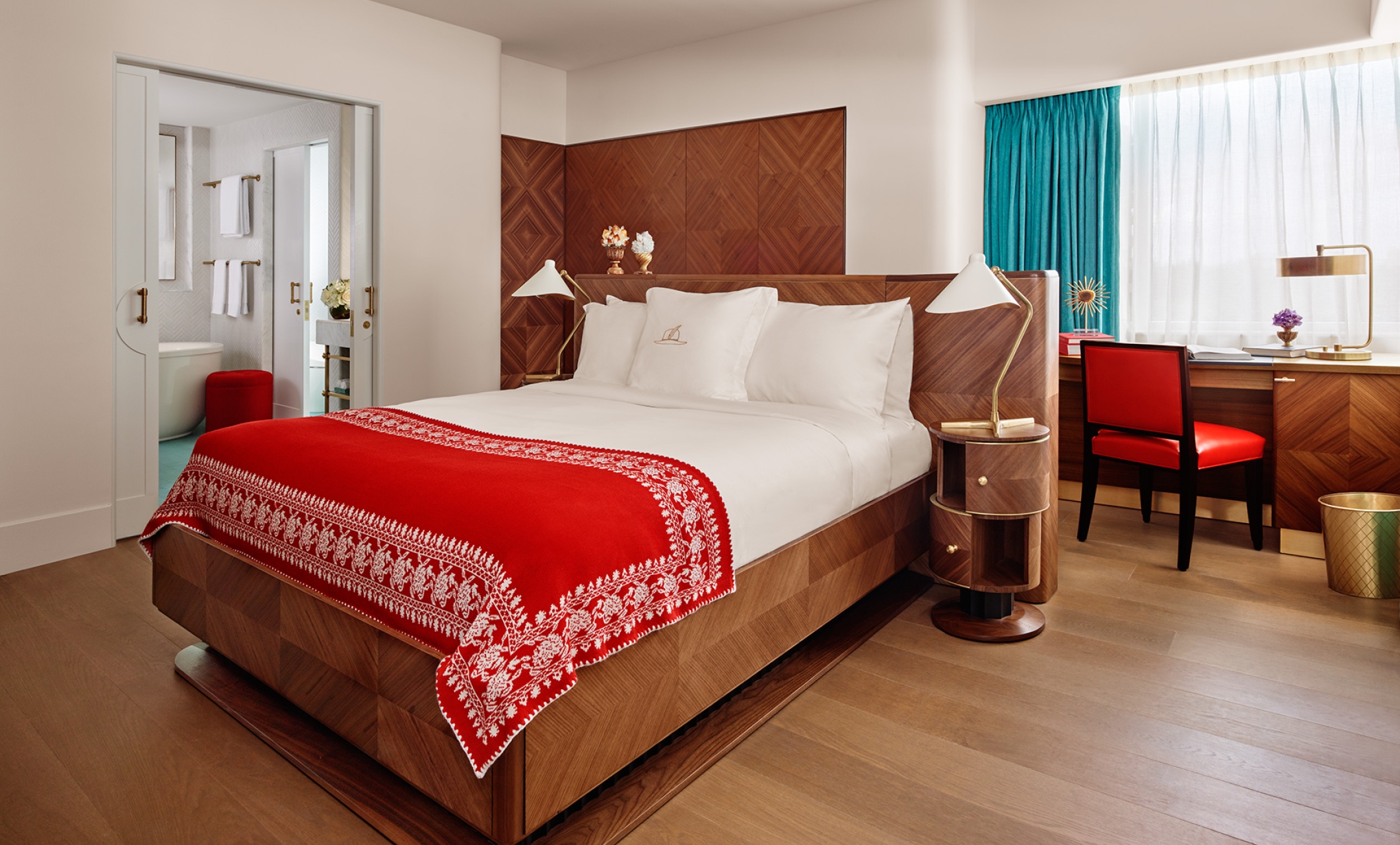 bright bedroom with wood panel decor