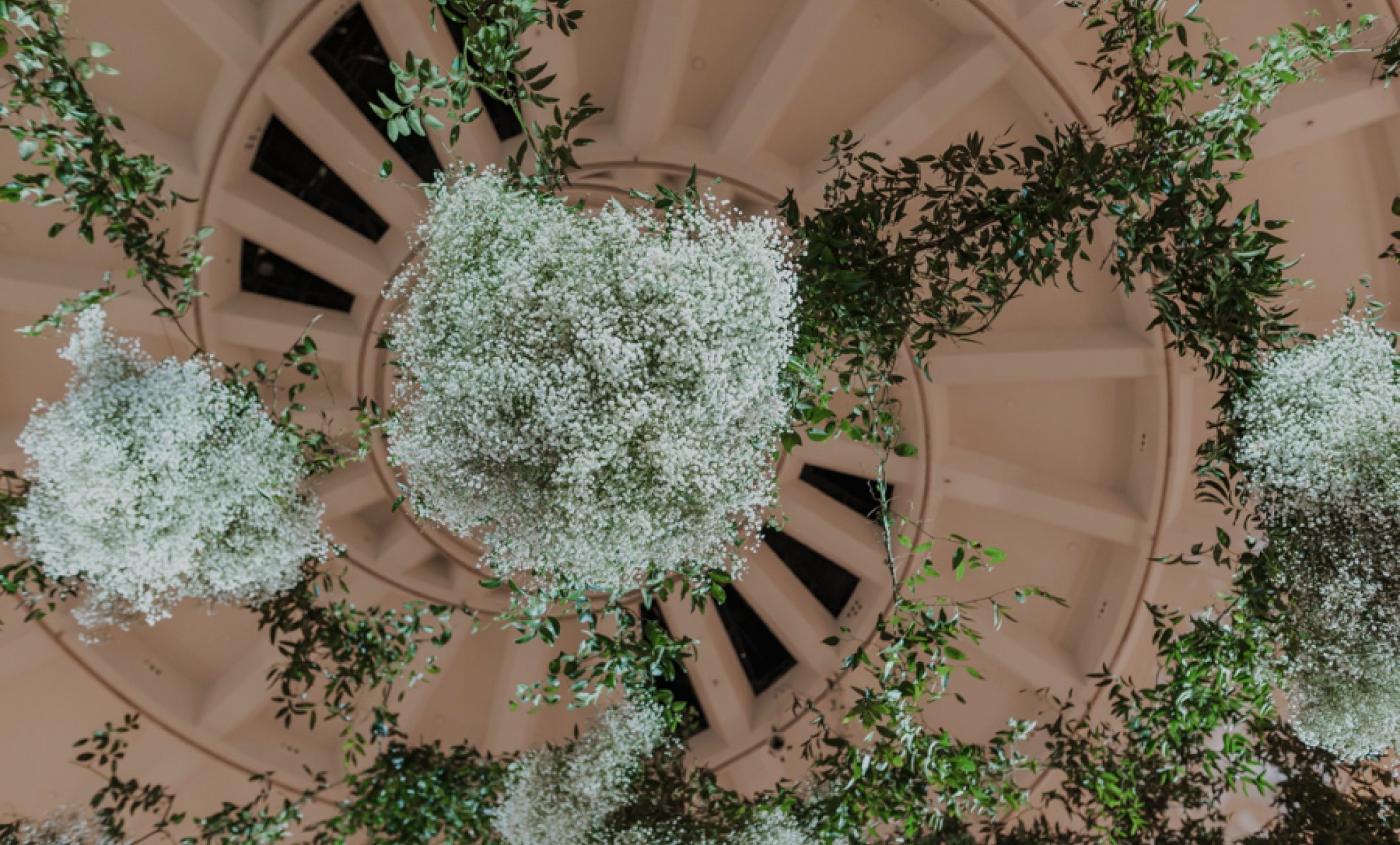 floral arrangements hanging from ceiling in Faena Forum
