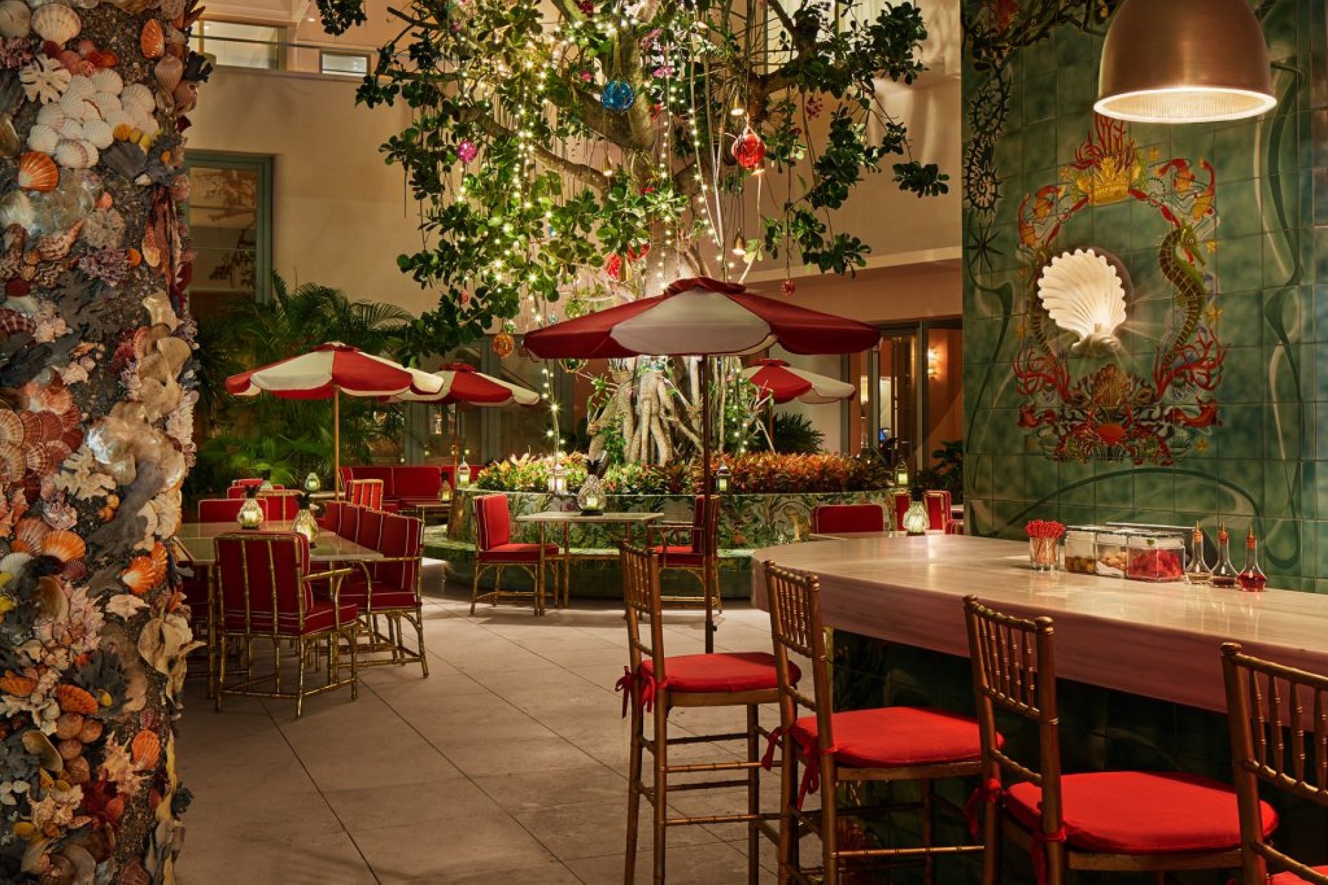 bar and dining seating next to the tree of life