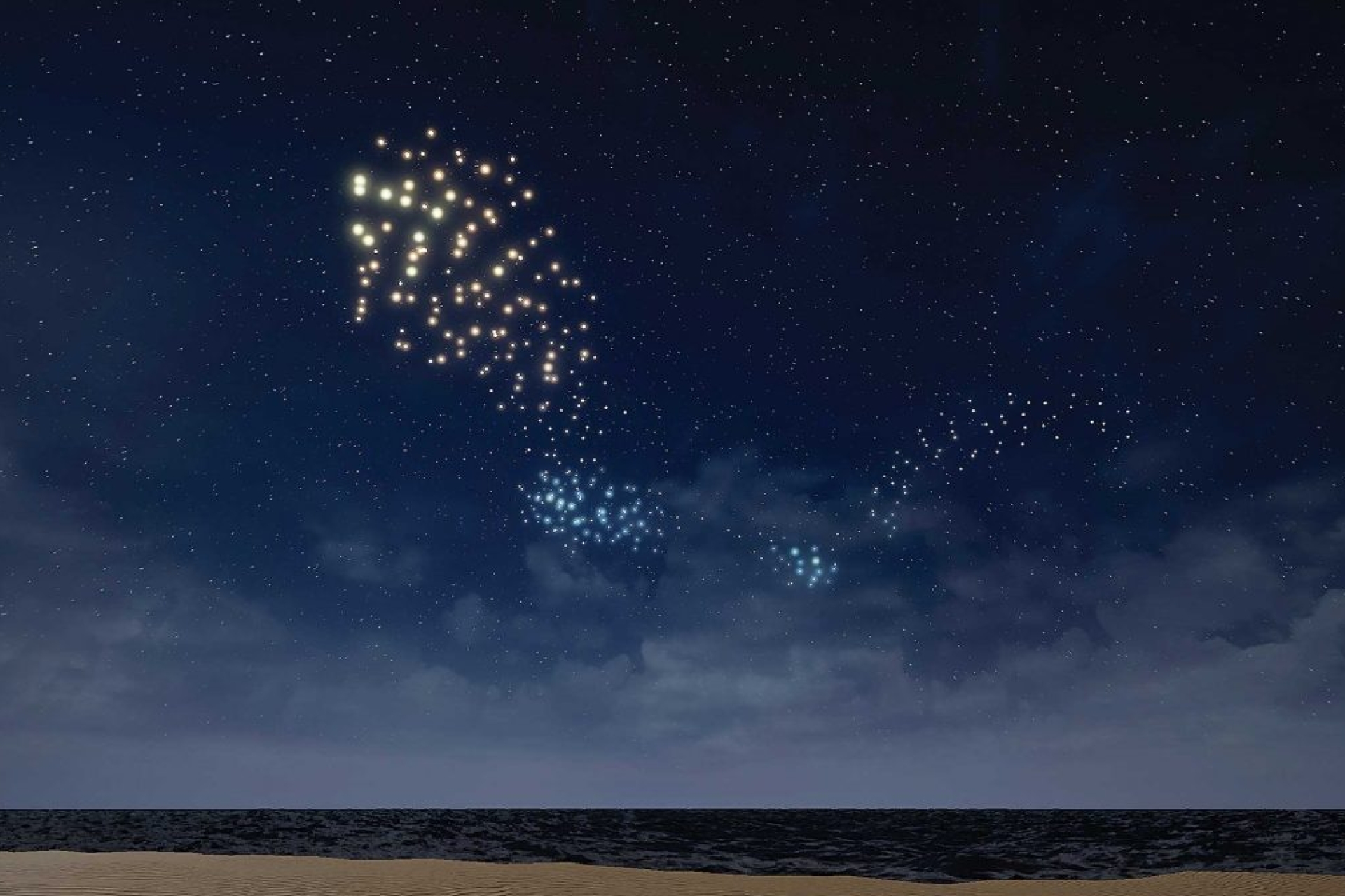 a flock of lit-up drones pepper the night sky