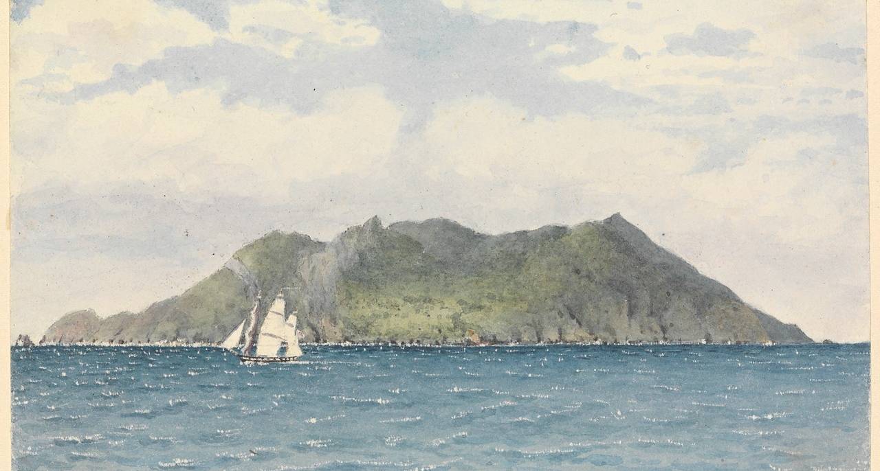 Painting of small island with boat in water.