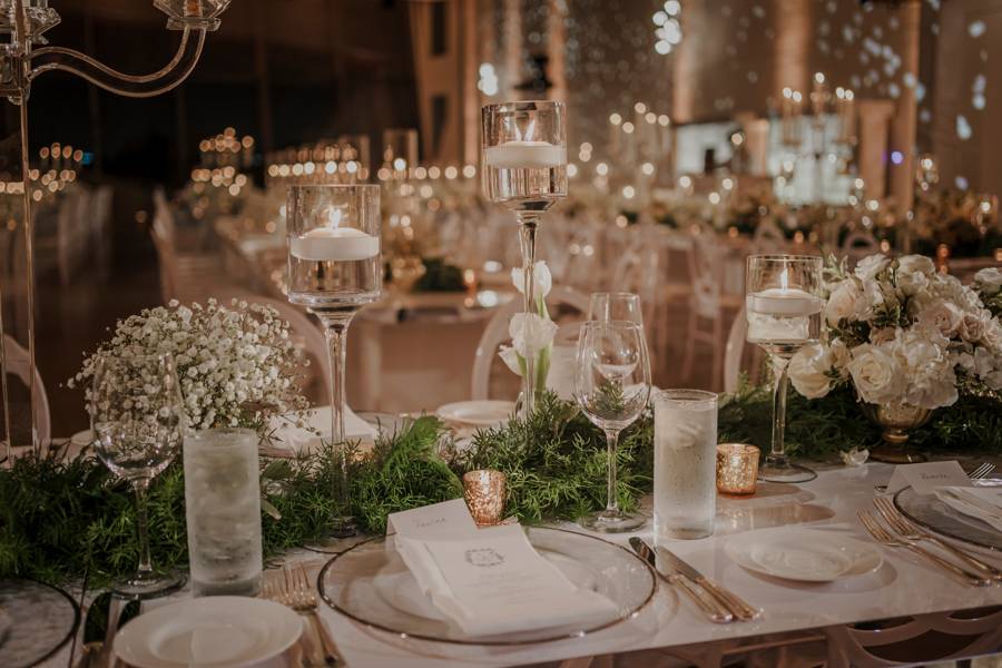 interior of wedding venue showing dinner seating and placements