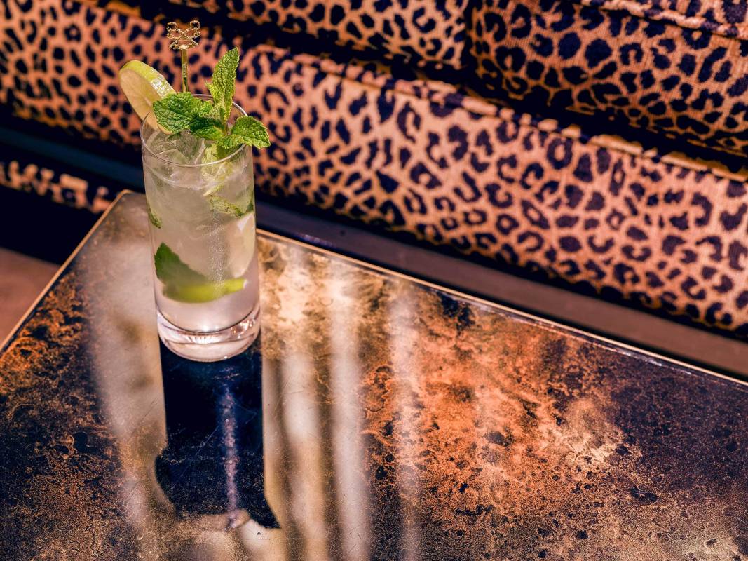 Fancy cocktail served at the Living Room at Faena