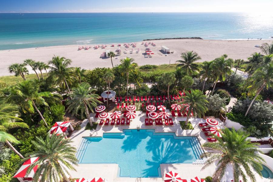 aerial view of pool and beach