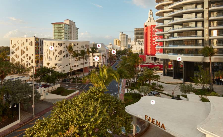 view of Faena Forum and Faena House with numbers indicating locations