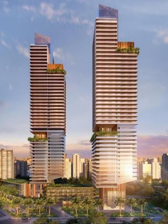 Two tall buildings in a city