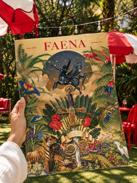 A hand holding Faena Journal’s illustrated cover against a lush tropical garden with signature red-and-white umbrellas.