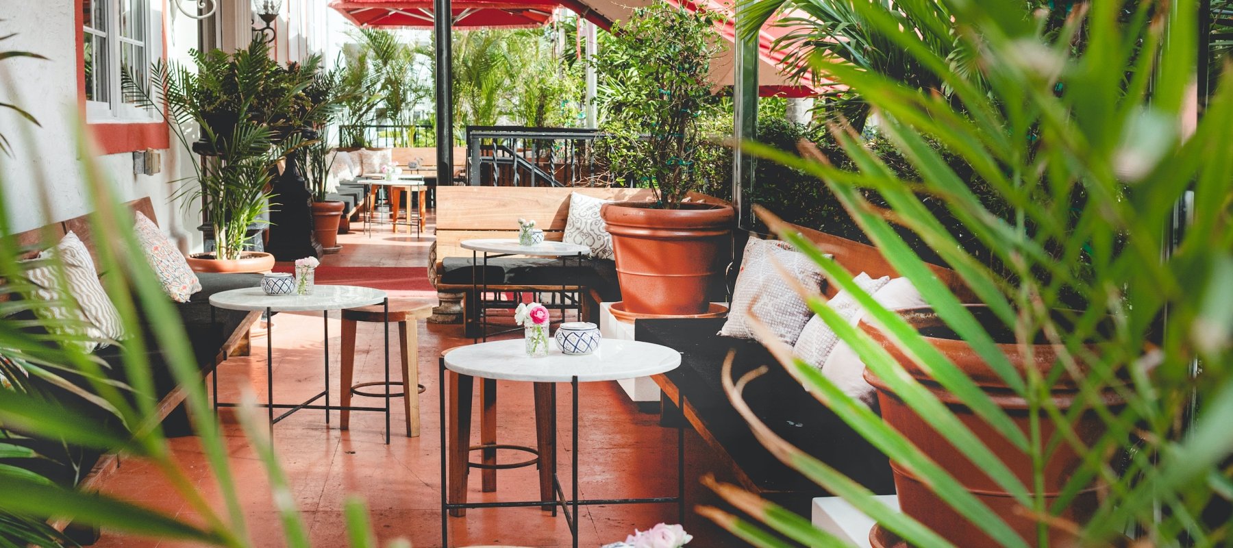 tables and greenery on patio seating area